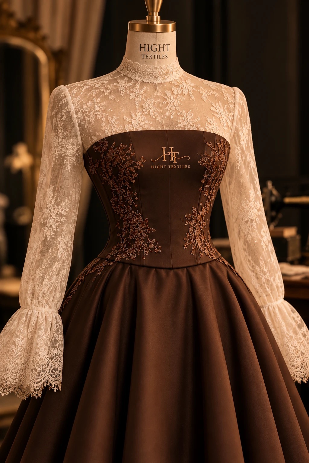Rochie cu corset maro-ciocolatiu, cu logo-ul Hight Textiles brodat și motive florale, pe manechin