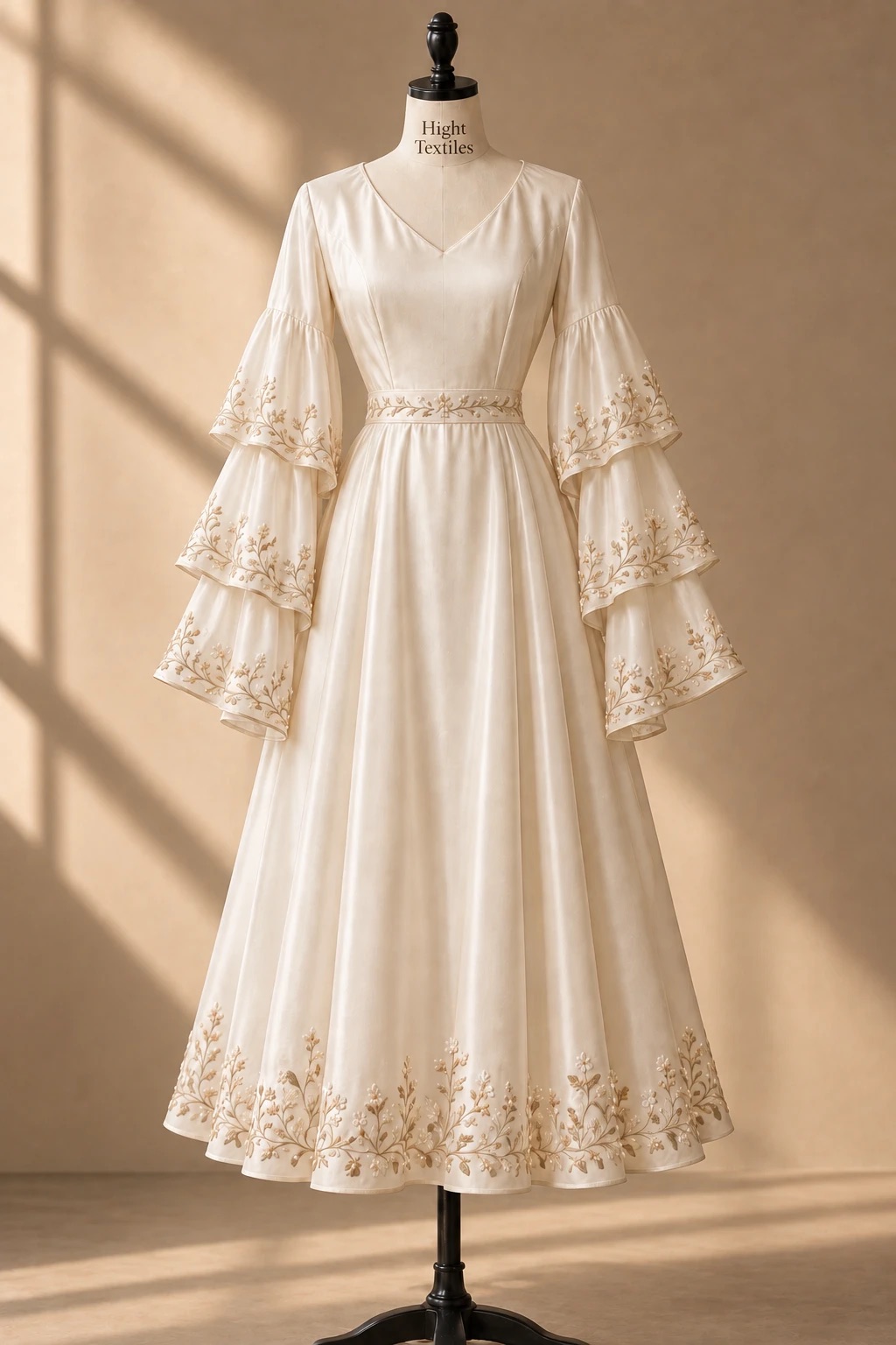 Rochie crem cu motive florale brodate pe mâneci și tiv, pe manechin în atelierul Hight Textiles
